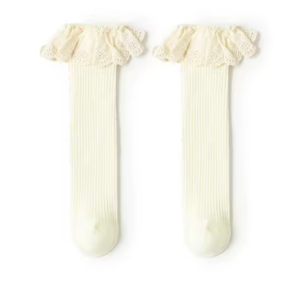 LACE TRIM RIBBED KNEE SOCKS