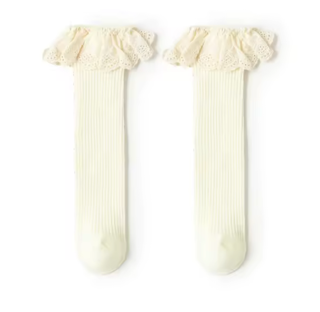 LACE TRIM RIBBED KNEE SOCKS